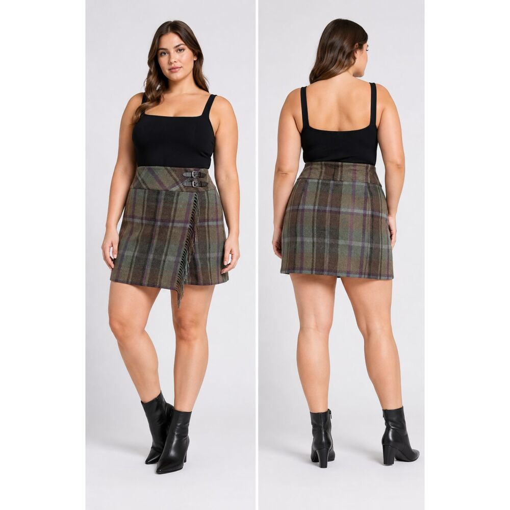 Wool Blend Faux Wrap Fringe Mini Skirt Lauren Ralph Lauren Plaid 10